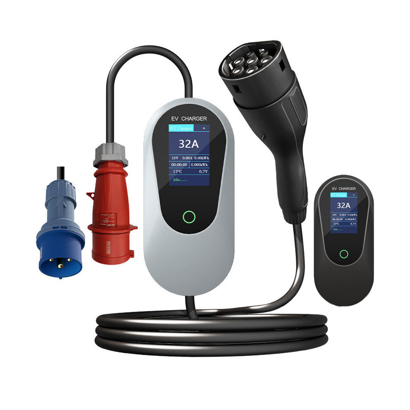 Type 2 Portable Ev Charger 11Kw Cee - レベル2モード、7kW、11kW、22kWのポータブル電気自動車充電器。タイプ1、タイプ2、GBTプラグ対応。青と赤のCEEプラグ付きのポータブルAC電気自動車充電器。