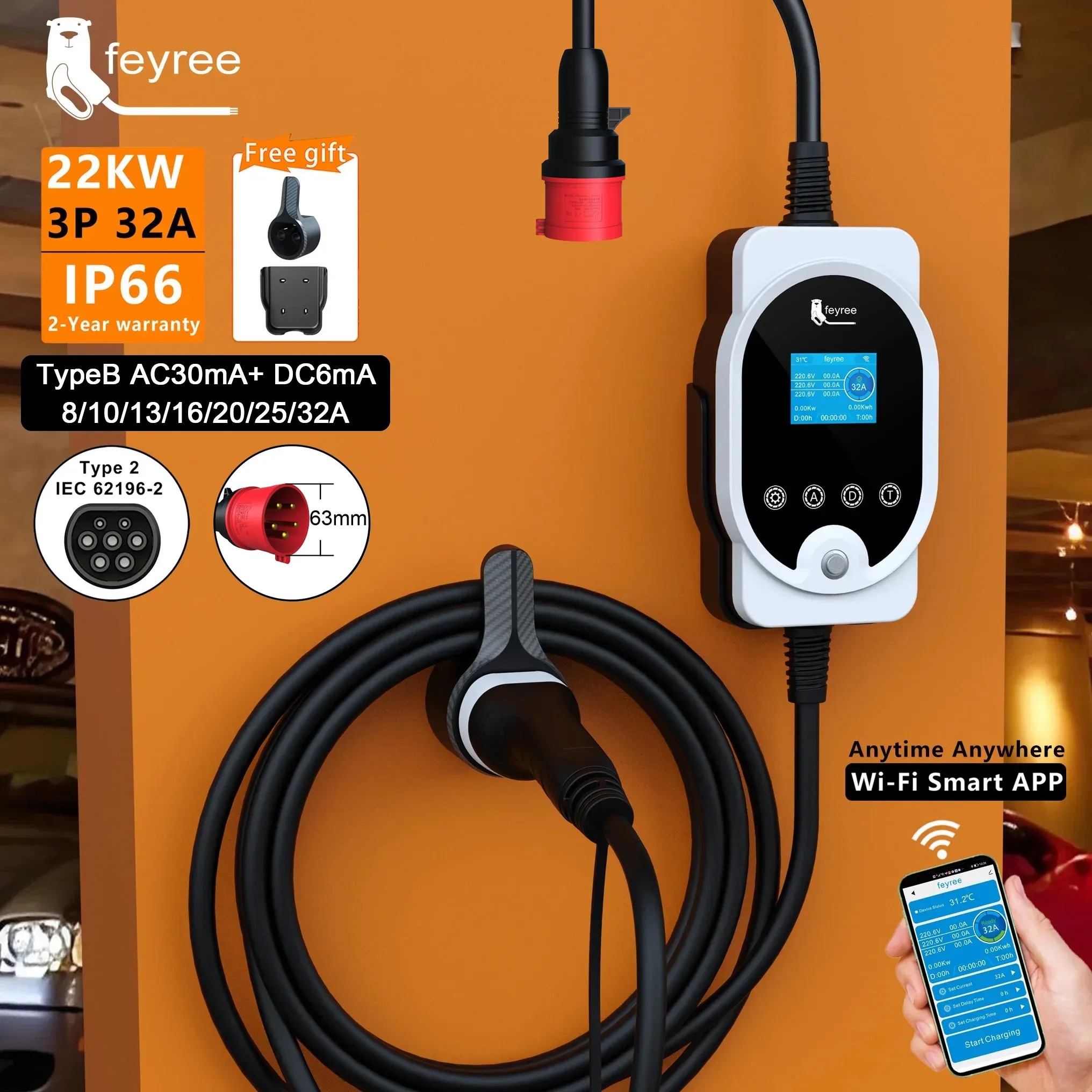 Feyree 22KW タイプ2 ケーブル EVSE ウォー - Ev Charger Type 2 22Kw 32A 3 Phase のレビューと価格